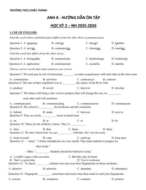 Đề cương ôn tập Học kì 2 Tiếng Anh 8 năm 2025–2026 trường THCS Châu Thành (TP Hồ Chí Minh)